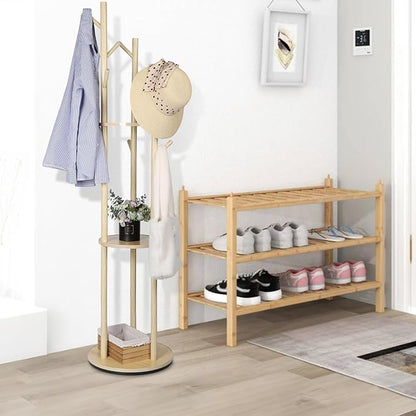 Wood Coat Rack with 3 Shelves and 9 Hooks, Freestanding Rotary Coat Tree for Entryway, Bedroom, Living Room, Hallway – Holds Jackets, Coats, Hats, Bags (Natural)