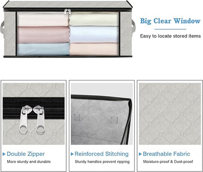 HomeHacks Storage 10-Pack Clothes Organizer Storage Bags Foldable Storage Box with Large Clear Window Sturdy Handles for Closet, Dorm, Pillows, Bedding, Clothes, Blankets, 35L, Ivory