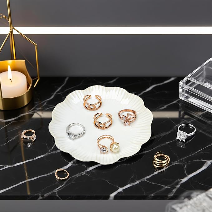 Ceramic Jewelry Dish, Decorative Tray for Rings Earrings Necklaces Bracelet Watch Keys, 4.50" Trinket Tray as Gifts for Women (White Flower)