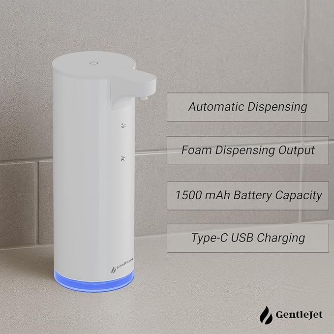GentleJet EasyFoam Automatic Foaming Soap Dispenser - Rechargeable Automatic Soap Dispenser Touchless for Bathroom or Kitchen, Motion Sensor, 2 Levels, IPX5 Water-Resistant, 9.5oz (White)