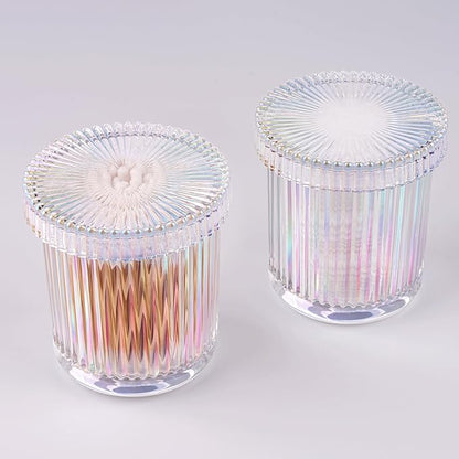 MKOSAB 2 Pack Qtip Holder - Apothecary Jars with Lids, Bathroom Organizers and Storage Canister for Cotton Balls,Swabs,Floss Picks,Hair Ties,Clear Glass Vintage Bathroom Decor Jar Set (Iridescent)