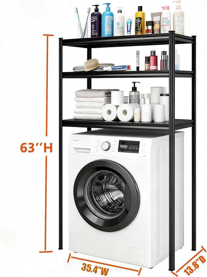 Height-Adjustable Bathroom & Laundry Storage Shelf, 3-Tier Metal Organizer Rack for Washer Dryer, Sturdy Shelving Unit for Bathroom Essentials, 63" H x 35.4" W x 13" D Inches