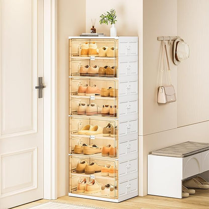 JEKO&JEKO 8-Tier Foldable Shoe Storage Box with Magnetic Doors, Large Stackable Shoe Organizer Cabinet for Entryway (White)