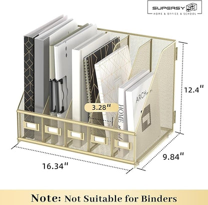 SUPEASY Desk Organizers Metal Desk Magazine File Holder with 5 Vertical Compartments Rack File Organizer for Office Desktop, Home Workspace, Golden Yellow