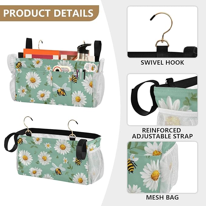 CuwrYet Bedside Caddy Hanging Bunk Bed Caddy Bed Organizer Hanging Pocket with 2 Hooks Bedside Storage Organizer Pocket Bag Holder Mint Green Daisy Flowers and Bees