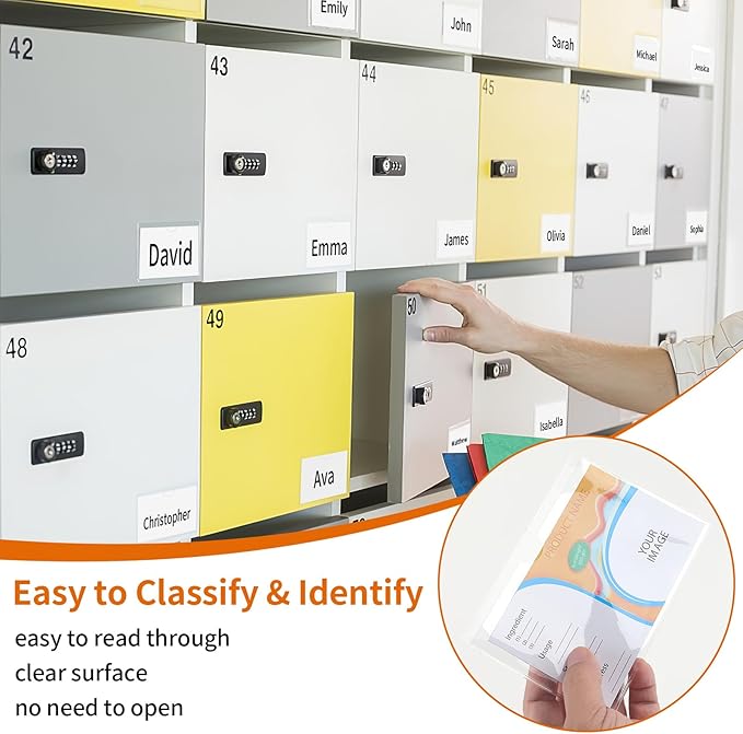 44 Pack Storage Bins Labels, 4x6 Photo Sleeves, Clear Index Card Holder, Plastic Adhesive Pockets for Tote Cards Organizing Bins Box Drawer