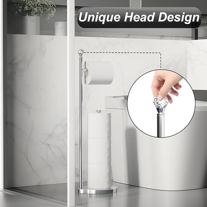 Toilet Paper Holder for Bathroom, Heavy Weighted Metal Free Standing Toilet Paper Storage with Crystal Ball, Toilet Paper Stand for Bathroom Accessories, Polished Chrome [Holds MEGA Rolls]