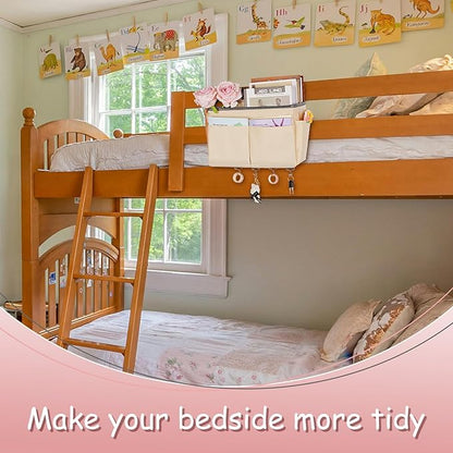 Frjjthchy Bedside Storage Organizer 5 Pockets with 4 Hooks Hanging Storage Bag for Headboards/Bunk Bed (Beige)