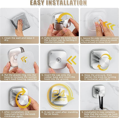 Fenas No-Drill Reusable Suction Cup Hooks, 2-Pack Brushed Nickel – Towel, Robe, Loofah, Coat Hook for Glass, Mirror, Tile, Shower, Bathroom, Kitchen & Metal (Smooth, Non-Porous Surfaces)