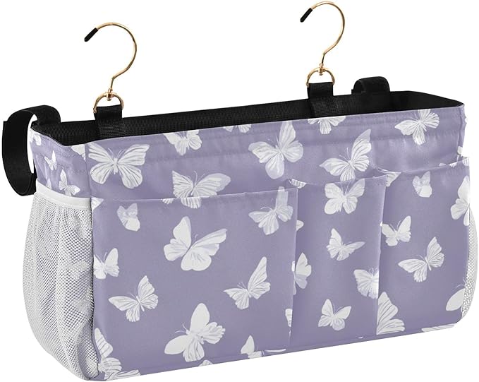 CuwrYet Bedside Caddy Hanging Bunk Bed Caddy Bed Organizer Hanging Pocket with 2 Hooks Bedside Storage Organizer Pocket Bag Holder White Butterfly Purple