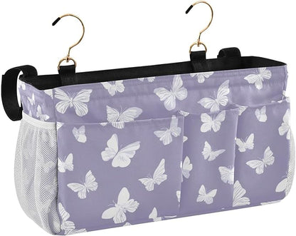 CuwrYet Bedside Caddy Hanging Bunk Bed Caddy Bed Organizer Hanging Pocket with 2 Hooks Bedside Storage Organizer Pocket Bag Holder White Butterfly Purple