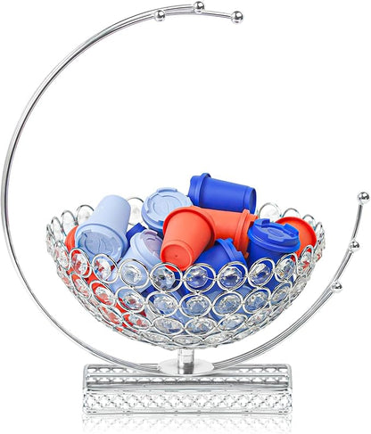 Metal & Crystal Coffee Pod Holder & Candy Basket - Elegant Multipurpose Storage Organizer for K Cups, Espresso Pods, Treats - Kitchen, Office, Home Bar (Silver, 1 PC)