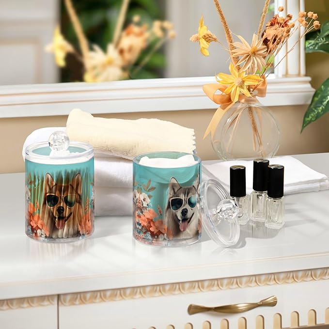 MNSRUU 2 Pack Qtip Holder Organizer Dispenser Cute Dog Siberian Husky Pink Bathroom Storage Canister Cotton Ball Holder Bathroom Containers for Cotton Swabs/Pads/Floss