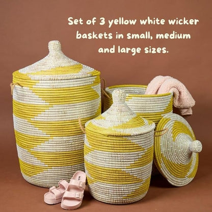 Medium Yellow Basket - Organize Bedroom, Living Room, Nursery - Laundry Hamper, Toy Bin, Blanket Storage, Towels Holder - Decorative, Boho Style - Wicker, Woven, Lid, Handles