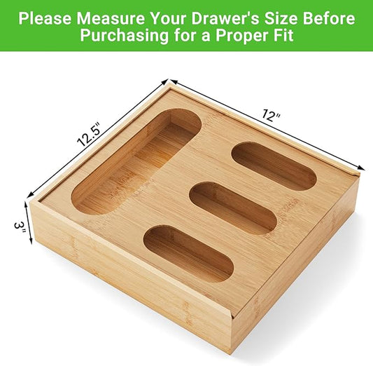 Ziplock Bag Organizer, Bamboo Storage Bag Holder Baggie Organizer for Drawer and Wall Mount, 4 Compartments for Gallon, Quart, Sandwich, Snack Size Bag (2)