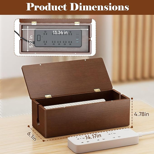 DELAMU 14.17" Large Cable Management Box with Magnetic Lid, Cord Mangement Box and Cord Box Hider for Electrical Cord Management with Ventilation Design, Hide Cables on Desk and Floor, Cable Box Brown
