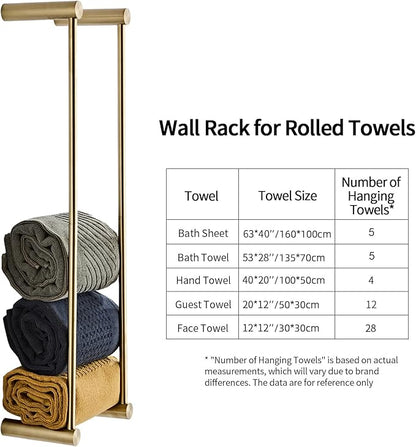 Towel Racks for Bathroom, NEWRAIN Wall Mounted Stainless Steel Organizer, Brushed Gold Rolled Towel Storage Wall-Mounted Bath Towel Holder for Folded Large Towel Washcloths