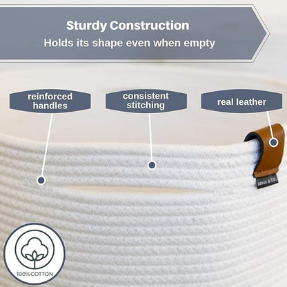DENJA & CO Extra Large Blanket Basket for Living Room - White Farmhouse Woven Baskets for Storage | Cotton Rope Large Baskets for Blankets, Pillows, Toys, or Laundry | Ivory White (21" Wide x 13.8" Tall)