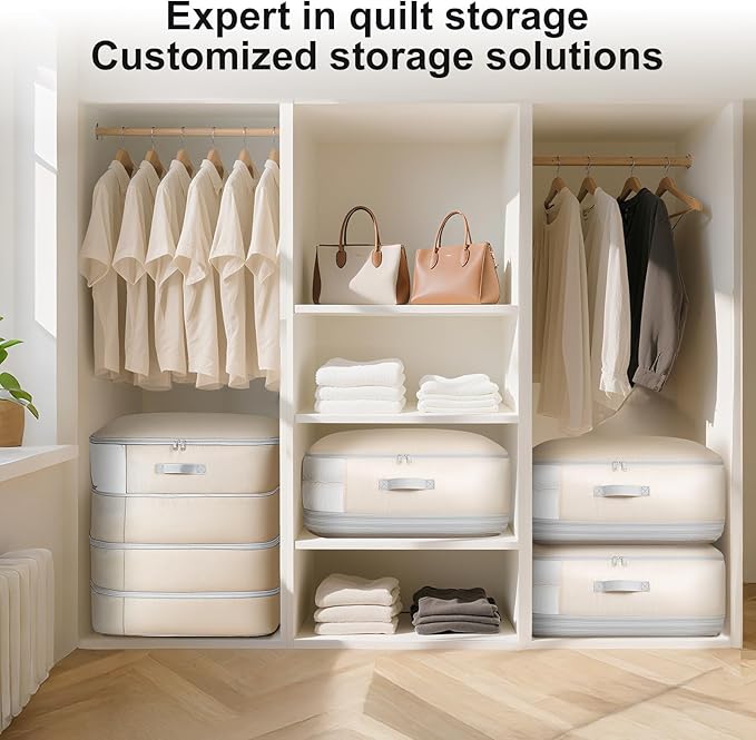 Easortm Comforter Storage Bag - 130L Large Capacity Blanket Storage Bags 4-Layer Ultra Space Saving Self Compression Organizer, Washable Compression Bags for Storage Comforter Blanket, 2-Pack, Beige