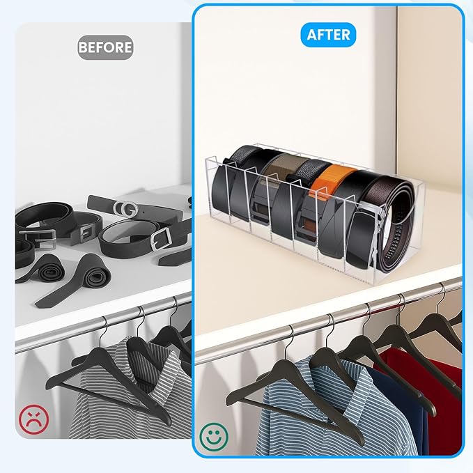HAKDAY Belt Organizer, Acrylic Belt Storage Holder for The Closet 7 Compartments Display Case for Tie and Bow Tie
