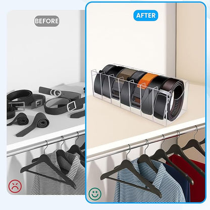 HAKDAY Belt Organizer, Acrylic Belt Storage Holder for The Closet 7 Compartments Display Case for Tie and Bow Tie