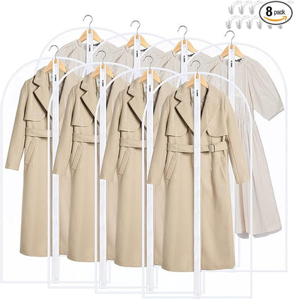 Garment Bags for Hanging Clothes, SMINDER Clear Plastic Bags Full Zipper Suit Bags PEVA Breathable Lightweight Garment Covers for Closet Storage, Suitable for Shirts, Jackets, Gowns (24" x 50"/8 Pack)