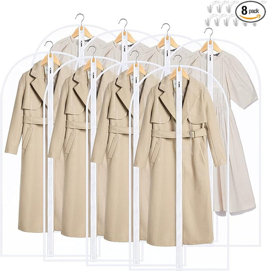 Garment Bags for Hanging Clothes, SMINDER Clear Plastic Bags Full Zipper Suit Bags PEVA Breathable Lightweight Garment Covers for Closet Storage, Suitable for Shirts, Jackets, Gowns (24" x 50"/8 Pack)