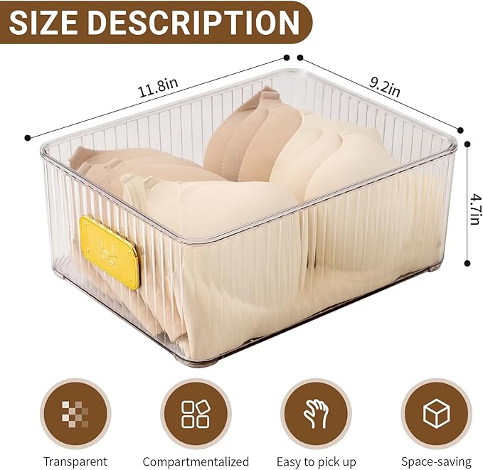 CISIREE Clear Bra Organizer, Plastic Underwear Drawer Organizer with Lid for Closet, Undergarment Storage Ideal for Socks, Bras, Ties, and Scarves