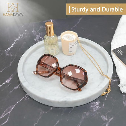 Natural Marble Bathroom Vanity Tray, Large Round Sink Tray 9.5 inch, Carrara White Limestone Dresser Tray, Modern Countertop Organizer for Soap Dispenser, Kitchen Counter, Home Decor