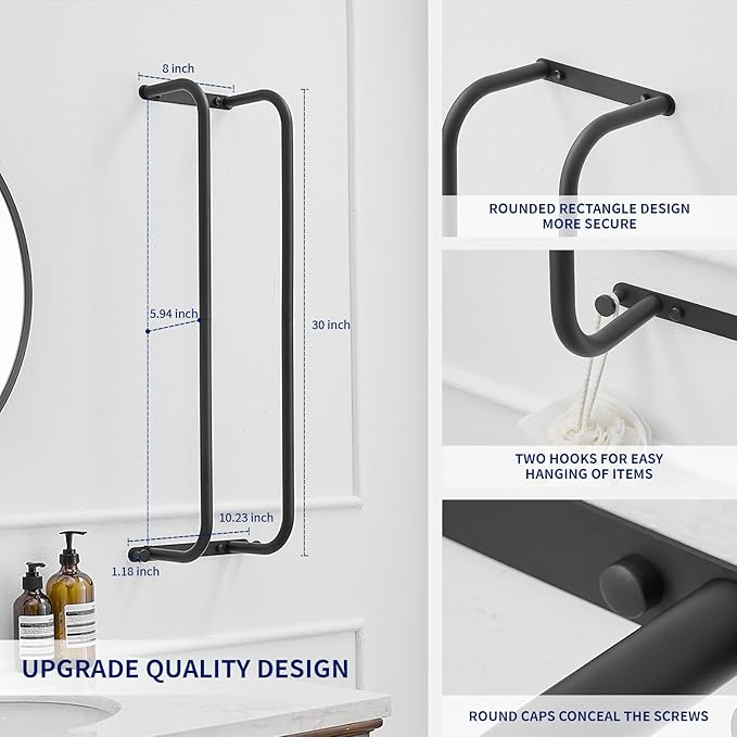 BWE Black Towel Racks for Bathroom, Stainless Steel Towel Holder for Rolled Towels, Wall Mounted Bathroom Towel Storage Holds Up 6 Large Bath Sheets, with 2 Hooks