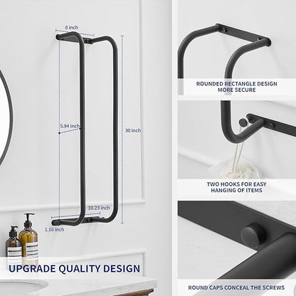 BWE Black Towel Racks for Bathroom, Stainless Steel Towel Holder for Rolled Towels, Wall Mounted Bathroom Towel Storage Holds Up 6 Large Bath Sheets, with 2 Hooks