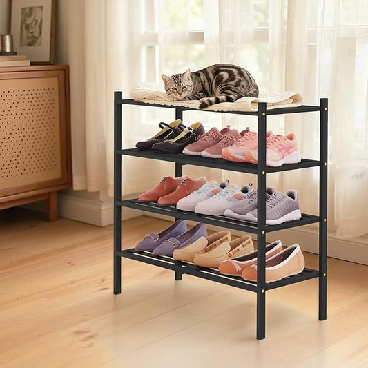 Smiry Bamboo Shoe Rack 4-Tier, Stackable Wooden Shoe Organizer for Entryway & Closet, Free Standing Wood Shoe Storage Shelf for Front Door & Small Spaces, Black