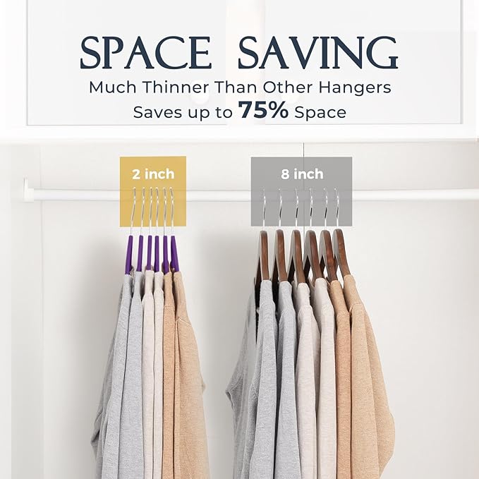 HOUSE DAY Noble-Purple Velvet Hangers 60 Pack, Non Slip Clothes Felt Hanger Heavy Duty for Coat, Premium Slim Space Saving Suit Hangers for Closet Organizer, 360° Rotating Silver Hook