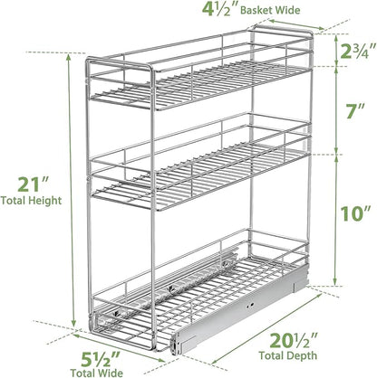 Pull Out Spice Rack Cabinet Organizer 5½" W x 20½" D, 3 Tier Heavy Duty Sliding Spice Cabinet Organization for Narrow Cabinet, Pull Out Shelves for Kitchen
