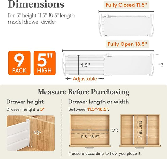 Lifewit 5" Tall 9 Pack Deep Drawer Dividers, 11.5-18.5" Expandable Drawer Divider for Clothes, White Dresser Drawer Storage Organizers, Clothing Drawers Separators for Dresser, Kitchen, Bedroom