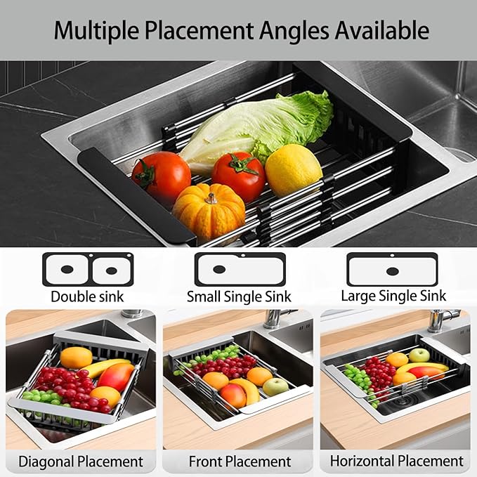 Large Dish Drying Rack for Kitchen Counter/Sink, Expandable Stainless Steel Sink Organization and Storage Essentials, Home and Appartment Decor, 8.86" W x 11.22"-18.5" L,Black