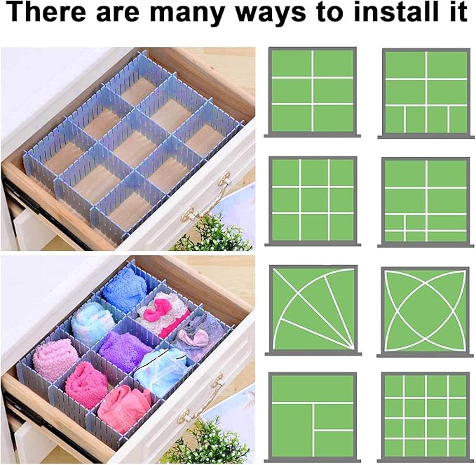 24Pcs Adjustable Drawer Dividers 14.5Inch Plastic Storage Drawers Divider White DIY Grid Drawer Organizer Dividers for Socks Underwear Makeup Clothes (Blue)