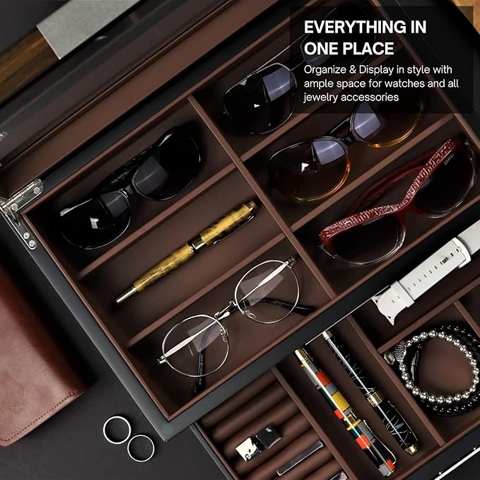 Decorebay Multi-Purpose Drawer, Sunglasses and Jewelry Box Wooden Storage Organizer with Saddle Brown Leather (Coffee Lover)