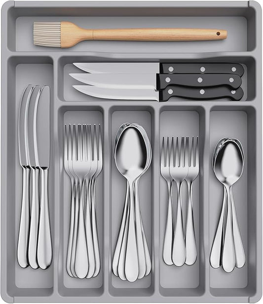 Lifewit Silverware Drawer Organizer Tray, Plastic Cutlery Storage for Kitchen Drawer, Flatware and Utensil Holder Divider for Spoons Forks Knives Tableware, 7 Compartment, Gray