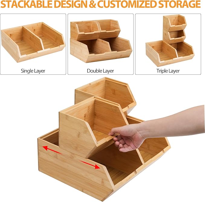 Bamboo Pantry Storage Bins, Stackable Potato and Onion Storage, Pantry Produce Organizer for Fruit and Vegetable