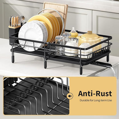 Expandable Dish Drying Rack for Kitchen Counter, Large Extendable Dish Rack with Bamboo Cover Cutlery Holder, Multifunctional Adjustable Dish Dryer Drainer