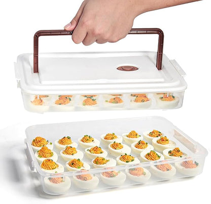 77L Deviled Egg Containers with Lid (Set of 2), Plastic Deviled Egg Tray Carrier with Handle for 48 Eggs, Clear Storage Egg Platter for Deviled Eggs, Easter Party Fridge Stackable Portable Egg Holder