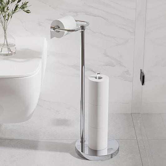 Toilet Paper Holder Stand, Post Pivoting Design Free Standing Toilet Paper Holder with Storage for 4 Rolls, SUS304 Stainless Steel Tissue Holder with Reserve, Heavy-Duty Base (Chrome)