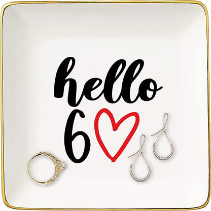 Hello 60 - Ceramic Jewelry Holder Ring Dish Trinket Tray - Funny 60th Birthday Gifts for Women Boss,Wife,Sisters,Bestie,Best Friends,Co-workers - Turning Sixty Present - 60 Years Old Gift