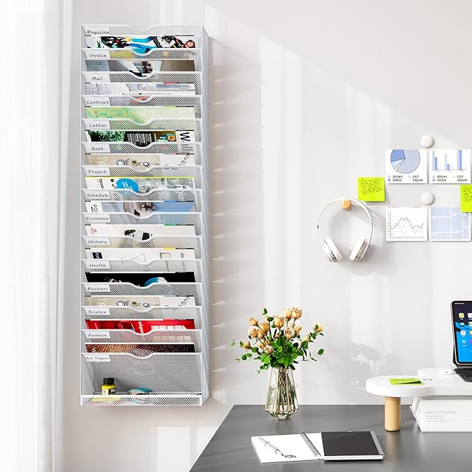Hanging Wall File Organizer,16-Tier Desk File Mail Holder, Paper Bill Organization For Office Home School, White