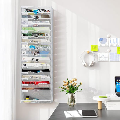 Hanging Wall File Organizer,16-Tier Desk File Mail Holder, Paper Bill Organization For Office Home School, White