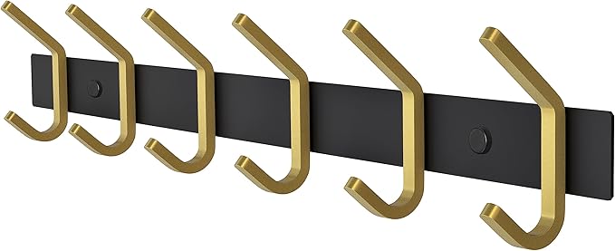 Coat Rack Wall Mount – Black and Gold Hook Rail with 6 Double Coat Hooks, 17 Inch Stainless Steel Wall Hooks for Entryway, Bathroom, Bedroom, Closet, Towel, Hat, Bag, Heavy Duty Organizer