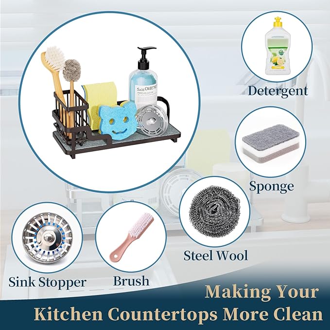 Consumest Sponge Holder for Kitchen Sink - Sink Caddy Organizer with Water Absorbing Stone Tray, Detachable Brush Holder, Stainless Steel Kitchen Counter Organizer Rack, Bronze
