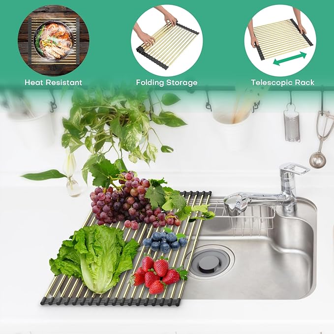 ARAINY Large Telescopic Draining Rack, Gold Roll Up Heat-Resistant Dish Drainer for Stainless Steel Sinks, Non-Slip Silicone Rolling Dish Drainer Roll Rack 18 tube12.59-21.25x12.79''