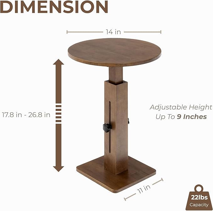 Behomes Aurin Solid Wood Nightstand, Mid Century Modern Side Table with Adjustable Height, Couch End Table, Accent Bedside Table for Bedroom, Living Room, Round Top, Walnut